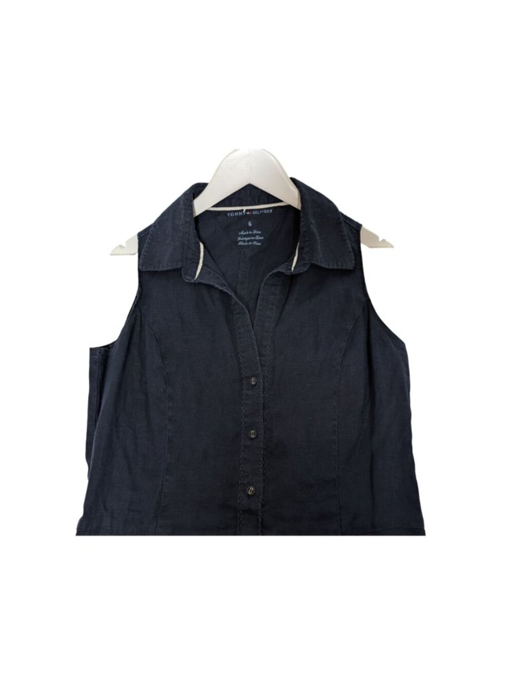 Tommy Hilfiger Linen Womens Navy Sleeveless Midi Dress Button Front & Collar Siz - Picture 8 of 14